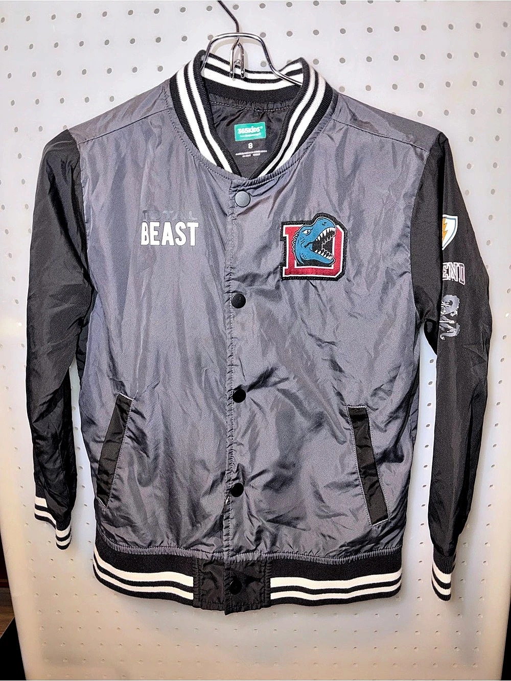 365KIDS Dinosaur Varsity Jacket Gray Black Varsity Jacket Girls Size 8